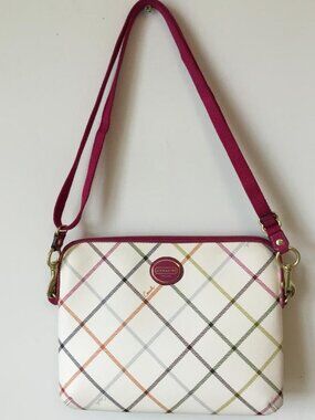 Coach Tattersall Plaid Peyton Tablet iPad Crossbody Case w/Fuschia Accents EUC